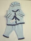 Cpk25, Knitted on Hand Knitting Machine Finished By Hand Crochet Little Boys Outfit Blue Chenille with Navy Chenille Stripe Cardigan Sweater, Pant, Hat Set in Sizes