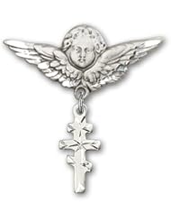Sterling Silver Baby Badge with Greek Orthadox Cross Charm and Angel w/Wings Badge Pin
