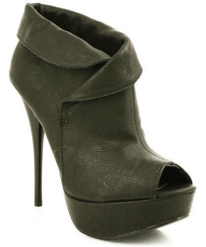 Qupid Neutral-60 Cuffed Peep Toe Bootie BLACK