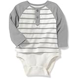 オールドネイビー OLD NAVY/ 2-in-1 ヘンリー ボディスーツ グレー ストライプ ロンパース長袖 18～24ヶ月【並行輸入】