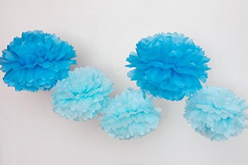 Beautiful 5pc set Large Teal / Light Blue Color Combo Tissue Paper Pom Pom Balls (2 sizes: 3pcs 13" 2pcs 17") Ideal for Weddings, Bridal Showers, Baby Showers, etc