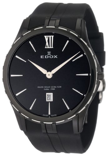Edox Men's 27033 357N NIN Grand Ocean Black Ion-Plating Case Black Rubber Date Watch