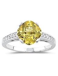 0.12 Cts Diamond & 1.75 Cts Yellow Beryl Ring in 14K White Gold