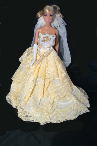 Yellow Barbie Sized Doll Wedding Dress