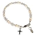 Sterling Silver Children's First Communion Bracelet for Girls with Freshwater Pearls & Crystals and Twisted Silver Rings with Cross in Gift Box, 6-11 years (6 -6.5" adjustable)