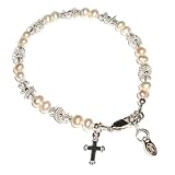 Sterling Silver Children's First Communion Bracelet for Girls with Freshwater Pearls & Crystals and Twisted Silver Rings with Cross in Gift Box, 6-11 years (6 -6.5