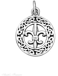 Sterling Silver French Fleur Antiqued De Lis Charm In Center Of 15mm Round Celtic Wreath Charm