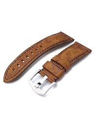 26mm MiLTAT Geniune Calfskin Matte Brown Leather Watch Strap, Navy Blue Stitching