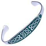 Celtic Knot Cuff Bracelet (Irish Blessing Wrist Band) GREEN Enamel design. One Size Fits Most. Stainless Steel (with FREE Velvet Pouch).