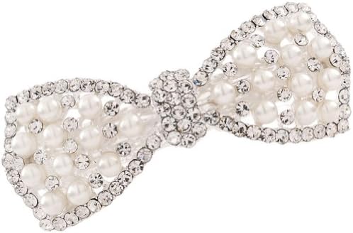 VWhite Women's Luxury Rhinestones Bowknot Pearl Hair Barrettes Alloy 3.1*1.2" Silver