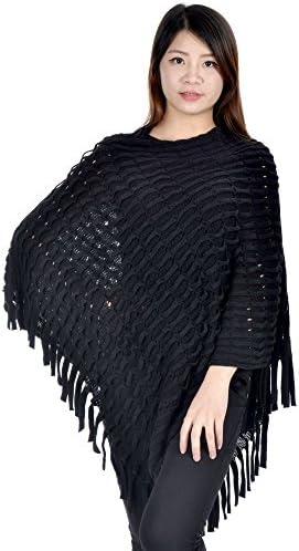 Simplicty Stylish and Ultra Comfortable Poncho w/ Fringe Detail, Black