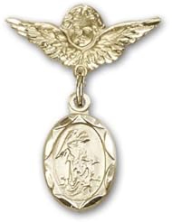 Gold Filled Baby Badge with Guardian Angel Charm and Angel w/Wings Badge Pin
