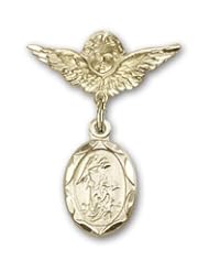 14K Gold Baby Badge with Guardian Angel Charm and Angel with Wings Badge Pin