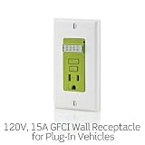 GFCI Receptacle for Level 1, 120 Volt charging with Sensor Controlled Guide Light, 15 Amp - 125 Volt, NEMA 5-15R, White/Evr-Green, T7591-PEV