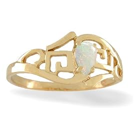 14K Yellow Gold Genuine Pear Opal Greek Key Ring by 