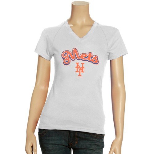New York Mets Ladies White Faux Stitched T-shirt (Large)
