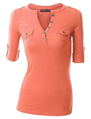 Doublju Womens 3/4 Rolled-Up Sleeve Deep V-Neck Henley Top
