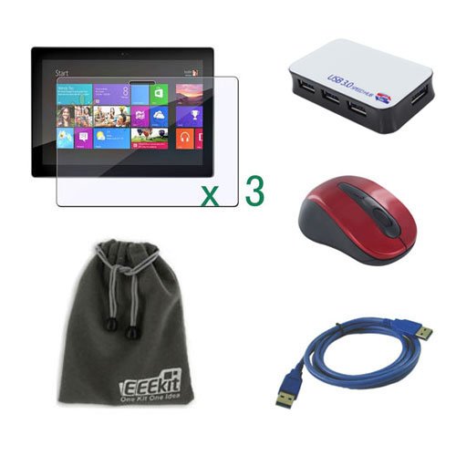 EEEKit Starter Kit for Microsoft Integument Pro Windows 8 Tablet, 3 Pack Anti-give a dirty Screen Protector + USB 3.0 High Speed 4 Haven Hub + USB 3.0 A Male to A Male Cable + Nano 2.4G Wireless Optical Mouse + EEEKit Doodah Storage Pouch