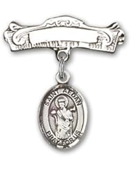 Sterling Silver Baby Badge with St. Aedan of Ferns Charm and Arched Polished Badge Pin