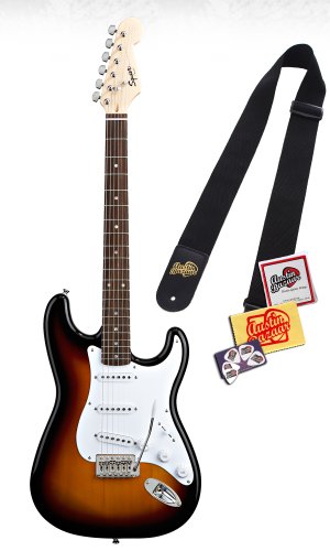 Squier by Fender Bullet Strat Bundle with Levy's Nylon Strap, Guitar Strings, Polishing Cloth, and Pick Card - Brown Sunburst, Rosewood Fretboard, Tremolo
