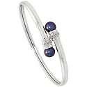 10k White Gold Cable Balance Ball-Ends 7" Flex Bangle Bracelet, w/ Brilliant Cut Diamonds & 7mm Black Pearls, 1/4" (7mm) wide