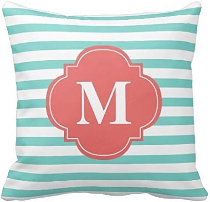Mint And Coral Stripes Monogram Throw Pillow Case
