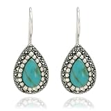 Sterling Silver Marcasite Lab Created Turquoise Teardrop Earrings