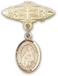 14K Gold Baby Badge with St. Hildegard Von Bingen Charm and Badge Pin with Cross