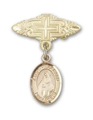 Gold Filled Baby Badge with St. Hildegard Von Bingen Charm and Badge Pin with Cross