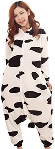 White Lovers Cartoon Animal Cows Coral Fleece One-piece Pajamas Cosplay Costume (M 160-165cm)