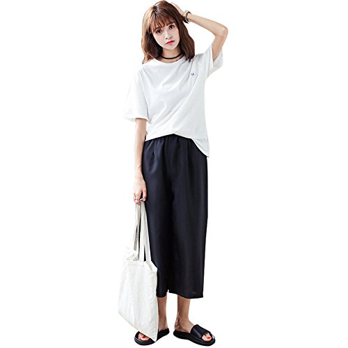 i-select ふんわり かわいい ガウチョ パンツ レディース 夏 ウエスト ギャザー ゴム フリーサイズ ベーシック カラー カジュアル フェミニン  ワイド キュロット パンツ スリークォーター クロップド 7分丈 おしゃれ ガーリー 無地 白 黒 グレー (ブラック)
