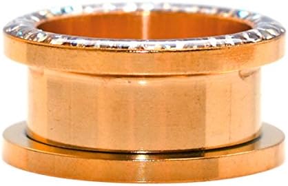 Cubic Zirconia Studded Over Clear Silicone Halo Top Screw Fit Rose Gold Anodized Surgical Steel Ear Tunnel Plugs