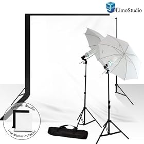 Limo Studio Photography Video Studio Continuous Lighting kit, 10 X 10 Black and White Double Muslin Backdrops with Backdrop Support System-AGG725