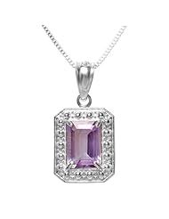 0.75 Carat (ctw) Real Genuine Purple Amethyst 925 Sterling Silver Solitaire Emerald Shape 0.70 Inch Pendant (16 Inch Chain Included)