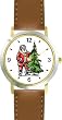 Santa Claus and Christmas Tree Christmas Theme - WATCHBUDDY&reg; DELUXE TWO-TONE THEME WATCH - Arabic Numbers - Brown Leather Strap-Women's Size-Small