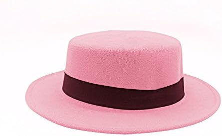 Norboe® Women's Brim Fedora Wool Flat Top Hat Church Derby Bowknot Cap (Pink)