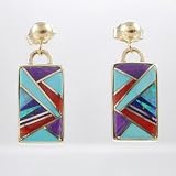 14 Karat Gold, Turquoise and Coral with Lapis Inlaid Rectangle Earrings by Calvin Begay, #9051
