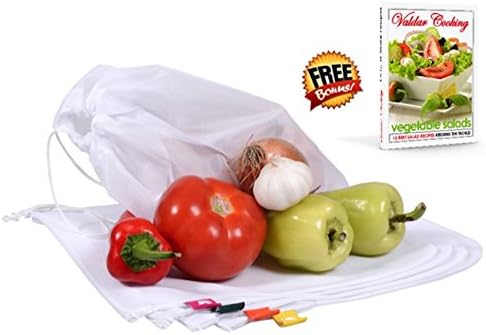 5 Pack Foodsaver Lunch Snack Mesh Bags, Reusable Washable, Saver Keeper Storage for Produce Food Vegetable Fruit, also Laundry Travel Grocery Shopping, GIFT Recipe eBook - by Valdar