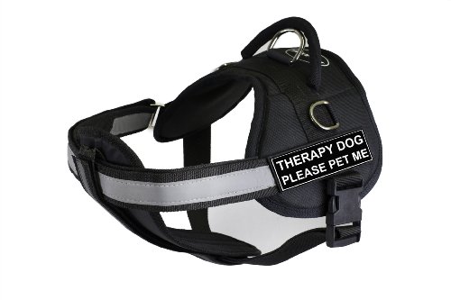 DT Works Harness with Padded Reflective Chest Straps Therapy Dog Please Pet Me Black Large Fits Girth Size 34 Inch to 47 Inch