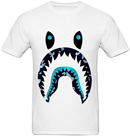 Amoyeah Men's A Bathing Ape X Shark Printed T Shirts Cotton Graphic Tees XL White