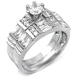 Sterling Silver Cubic Zirconia CZ Wedding Engagement Ring Set