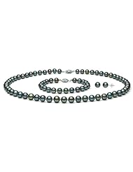 PremiumPearl 5.5-6.5mm AAA Quality Black Peacock Freshwater Pearl Set 14K Gold