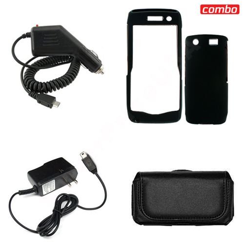 Blackberry pearl 9100 Combo Rubber Feel Black Protective Case Faceplate Cover + Rapid Car Charger + Home Wall Charger + Black Horizontal Leather Pouch for Blackberry pearl 9100