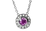 18K White Gold Round-Shape Pink-Sapphire Semi-Precious Stone Sliding Pendantm Surrounded by Pave Set Diamonds, Set on a 16 Cable-Chain Necklace.