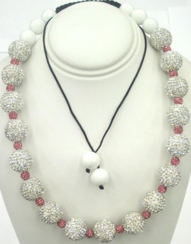 Shamballa Beautiful Two Color Necklace with Alternating Large Silvery White Pave Crystal and Small Rose Pink Pave Crystal Balls. Ends with Faceted White Beads. Black Macrame Cord. Suitable For All Occasions.