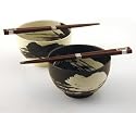 Japanese Stoneware Bowls with Chopsticks Gift Set, Brush Black and White