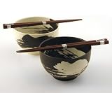 Japanese Stoneware Bowls with Chopsticks Gift Set, Brush Black and White
