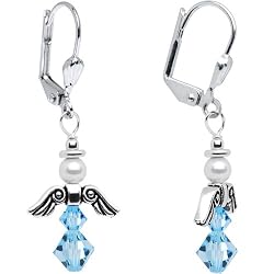 Handmade March Birthstone Angel Silver Plated Earrings MADE WITH SWAROVSKI ELEMENTS