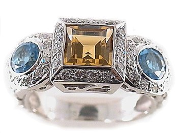 2.94Ct. Square Shape Citrine , Round Blue Topaz Gemstone  &  Diamond Cocktail Ring
