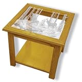 Glass Top End Table - Solid Oak, Fully Assembled - Wildlife Deer Art Etching by MasterVisions Etched Glass Home Decor